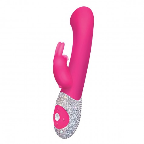 Розовый вибромассажёр The G-spot Rabbit с украшенной стразами рукоятью - 22 см.